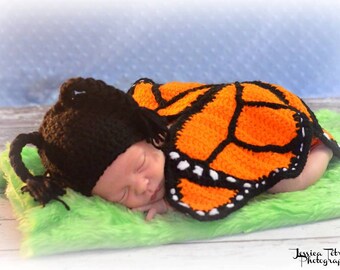 crochet photo prop 'Monarch Butterfly' hat and winged diaper cover set- size newborn or 0-3months