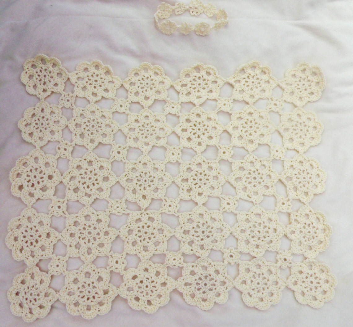 Crochet photo prop Cream Doily Blanket and headband set size Etsy