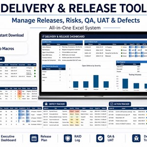 以下が含まれることがあります： ノートパソコンの画面に表示されたIT Delivery & Release Toolkit Excelシステム。グラフ付きのIT Delivery & Releaseダッシュボード、リリース計画、RAIDログ、QA & UATトラッカー、欠陥トラッカー、アクショントラッカーの表が含まれています。