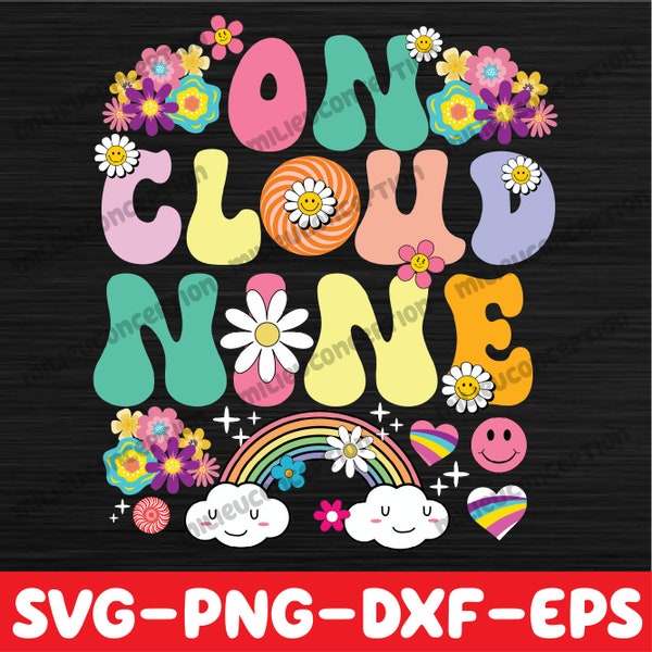 Retro Cloud Nine Flower Happy 9th Birthday 9 Years Old Svg, Flower Smiley Face Rainbow Birthday Svg