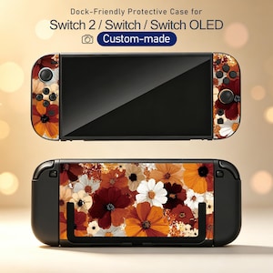 May include: A dock-friendly protective case for Switch 2, Switch, and Switch OLED consoles. The case features a floral pattern with orange, red, white, and dark brown flowers. Text on the image reads: Dock-Friendly Protective Case for Switch 2 / Switch / Switch OLED and Custom-made.
