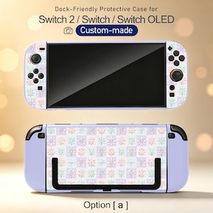 May include: A lavender protective case for a gaming console featuring a checkered pattern of white, pink, and green floral illustrations. The text reads: Dock-Friendly Protective Case for Switch 2 / Switch / Switch OLED, Custom-made, Option [ a ].