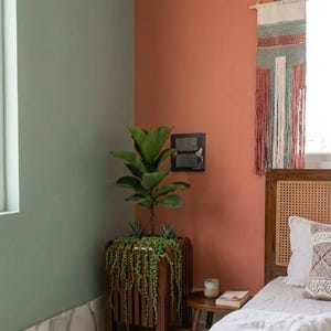 May include: A wooden slatted planter box containing a fiddle leaf fig plant and trailing green succulents, positioned in a corner with terracotta and sage green walls, near a bed with a cane headboard and a hanging macrame wall tapestry.