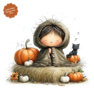 Puede incluir: Una ilustración de dibujos animados de un niño con cabello oscuro y capa con capucha, sentado sobre una paca de heno rodeado de calabazas naranjas y blancas. Un pequeño gato negro descansa sobre una calabaza. Texto: Solid White Background JPGs.