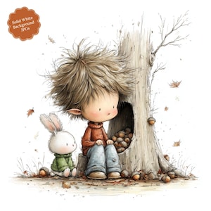 Puede incluir: Una ilustración digital de un personaje pequeño con cabello castaño desordenado que viste un suéter color óxido y pantalones azules, sentado junto a un conejo blanco con suéter verde junto a un tronco de árbol lleno de bellotas, con el texto Solid White Background JPGs.