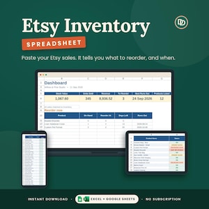 Może przedstawiać: Cyfrowe narzędzie do arkusza kalkulacyjnego zapasów Etsy wyświetlane na laptopie, tablecie i smartfonie. Ekran pokazuje pulpit nawigacyjny z wartością zapasów, sprzedanymi jednostkami, przychodami i danymi dotyczącymi ponownego zamówienia.