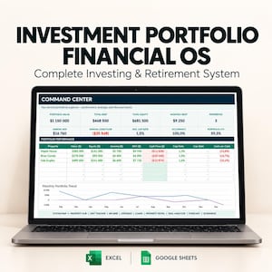 May include: A laptop screen displaying an Investment Portfolio Financial OS dashboard. The interface includes a Command Center with financial metrics, a property performance table, and a monthly trend line graph. Excel and Google Sheets logos are below.
