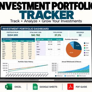 Puede incluir: Una pantalla de portátil que muestra un panel de control de seguimiento de cartera de inversiones con datos financieros, un gráfico circular, gráficos de líneas y tablas de activos y rendimientos. Debajo hay iconos de Excel, Google Sheets y PDF.