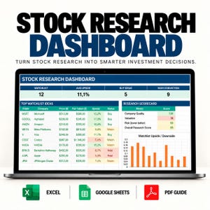 Puede incluir: Una pantalla de portátil que muestra un panel de investigación de acciones con tablas de ideas, métricas y un gráfico de barras. El texto dice Stock Research Dashboard y Turn stock research into smarter investment decisions.
