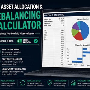 May include: A laptop displaying an Asset Allocation & Rebalancing Calculator dashboard with a pie chart, bar graph, and data tables. The screen shows portfolio value, current allocation, and rebalancing needs for various assets like VTI and VXUS.