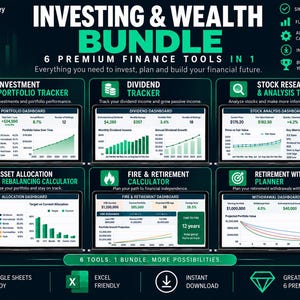 Könnte beinhalten: Ein digitales Investing & Wealth Bundle mit sechs Finanztools, darunter ein Investment-Portfolio-Tracker, Dividendentracker, Aktienanalyse-Tracker, Vermögensallokationsrechner, FIRE- und Rentenrechner sowie ein Entnahmeplaner.