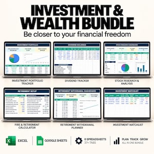 May include: An investment and wealth bundle digital spreadsheet set featuring six laptop screens displaying financial dashboards: Investment Portfolio, Dividend Holdings, Stock Research, Retirement Setup, Withdrawal Planner, and Investment Watchlist.
