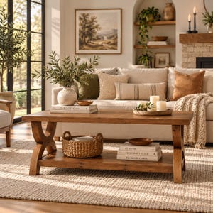 May include: A rectangular wooden coffee table with a lower shelf, featuring curved X-shaped legs. The table holds a white vase with green branches, a stack of books titled The Kinfolk, a wooden tray with candles, a woven basket, and more books.