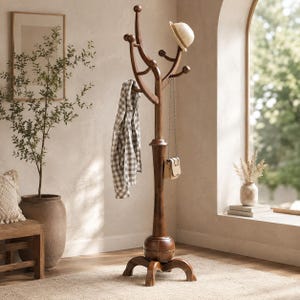 May include: A dark brown wooden coat rack with a central post, a rounded base with four curved feet, and multiple branching hooks at the top. A plaid button-down shirt, a small beige handbag with a chain strap, and a white hat hang from the hooks.
