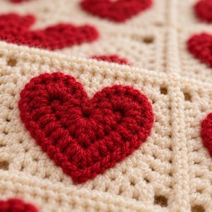 Couverture Cœur Crochet, Modèle PDF US en Anglais avec 30 Carrés Granny