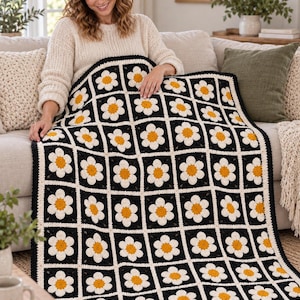 Padrão de manta grossa granny square, PDF de crochê de margarida com floral preto