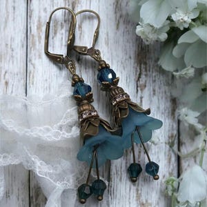 Victorian style antiqued bronze flower earrings. You choose color. Blue