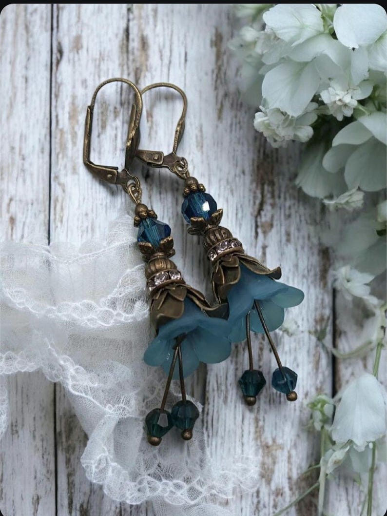 Victorian style antiqued bronze flower earrings. You choose color. Blue