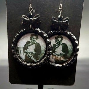 Bottle cap Texas chainsaw massacre/ leather face earrings. You choose image