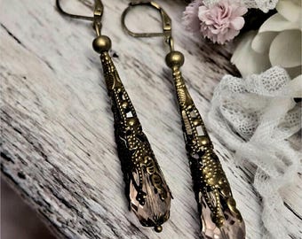 Victorian Bronze Filigree Earrings, Teardrop Crystal Bead Dangle. Many colors options.