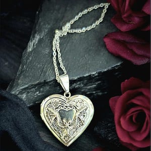 Gothic stainless heart locket necklace with bat, heart locket, oval locket.