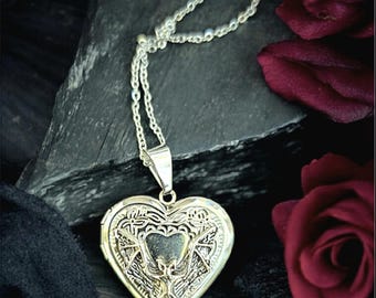 Gothic stainless heart locket necklace with bat, heart locket, oval locket.