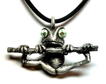 Whimsical Chameleon Pendant. By Link Wachler. Sterling Silver. Painted Eyes, Rubber Cord.