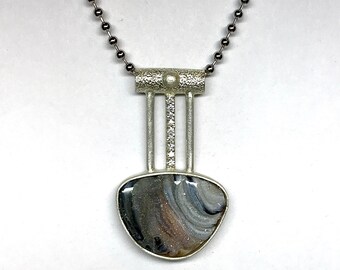 Sterling Silver Pendant by Link Wachler. The Eileene Collection. Chalcedony, Cubic Zirconia, Steel Chain.