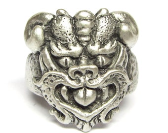 Mystical and Whimsical Hand-Carved Sterling Silver Rings, " The Gargoyle VI"