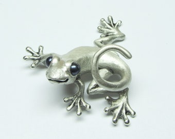 Sterling Silver Gecko necklace & Magnet Pin With Black Pearl Eyes, “Zaniel”