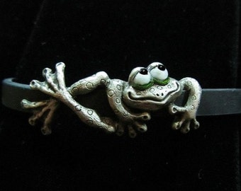 Whimsical Silver Frog Bracelet "Bliss" On Silcone Rubber With Steel Clasp