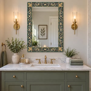 Floral Wall Mirror, Emerald Gold Mirror, Vintage Wall Mirror, Ornate Mirror Decor, Botanical Mirror, Rectangular Mirror, Luxury Wall Mirror