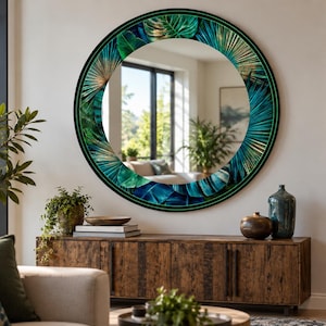 Tropical Leaf Mirror, Green Round Mirror, Botanical Mirror, Jungle Wall Mirror, Tropical Wall Decor, Blue Green Mirror, Modern Round Mirror
