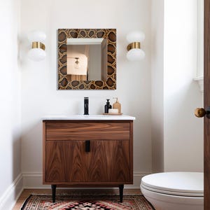 Python Snake Skin Square Wall Mirror, Black and Gold Animal Print Decorative Mirror, Luxury Reptile Pattern Bathroom Decor, UV Printed Glass