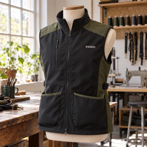 May include: A sleeveless vest featuring a black front and back panel with olive green side panels and shoulder accents. The vest has a full-length front zipper, a high collar, two large lower pockets, one chest zipper pocket, and the text EXORO.