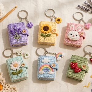 May include: Six rectangular crochet mini book keychains with metal rings. Designs include a purple lavender sprig, a yellow sunflower, a pink rabbit face, a light green daisy, a light blue rainbow with clouds, and a green strawberry pattern.