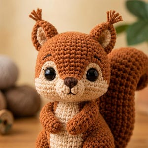 May include: A crocheted squirrel toy featuring a dark brown body, a light beige chest and muzzle, large black plastic eyes, a small brown embroidered nose, and tufted ears. The squirrel has a prominent, curved, textured crocheted tail.