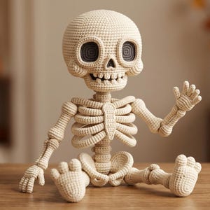 Puede incluir: Una figura de esqueleto tejida a ganchillo en color crema con una cabeza grande y redondeada, cuencas oculares de color gris oscuro y una caja torácica visible. La figura está sentada con un brazo levantado saludando, con puntadas detalladas.