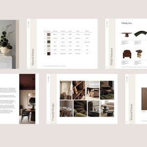 Op de afbeelding: Een meerpagina's tellend interieurontwerp-presentatiedocument genaamd Project Willow, met een inhoudsopgave, materiaalpaletten, meubelselecties en conceptafbeeldingen. De lay-out bevat tabellen, tekstblokken en diverse foto's van meubels en interieurs.