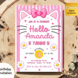 Puede incluir: Una tarjeta de invitación de cumpleaños rectangular con fondo blanco, borde rosa con forma de gato, un lazo rosa y bigotes negros. El texto dice: Join us to celebrate Hello Amanda is turning 5! Saturday October 25 at 12 PM 910 Funfair Blvd, Carnival Town, TX 78704 RSVP to Mom 567/890/1234.
