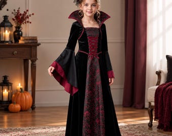 Girls Vampire Costume, Black Red Gothic Halloween Dress, Kids Vampire Queen Costume, Victorian Princess Outfit, Bell Sleeve Gown
