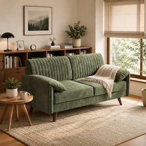 May include: A sage green corduroy sofa featuring a vertical channel-tufted backrest, two matching side cushions, and dark wooden tapered legs. A cream-colored knit throw blanket with fringe edges is draped over the right side of the sofa seat.