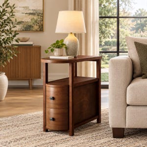 May include: A brown wooden end table featuring a rectangular top and a lower shelf. The unit includes two curved drawers with small black knobs. A beige lamp with a speckled base and a white shade sits on the top surface next to a small green plant.