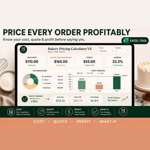 Op de afbeelding: Een digitale interface van de Bakery Pricing Calculator V8 Excel-tool op een scherm. Het dashboard bevat secties voor werkelijke kosten, offerte, winst en marge, inclusief een cirkeldiagram voor kostenverdeling en een staafdiagram.