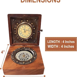 Brújula y reloj de latón y madera en caja de madera – Objeto de colección náutico / 49 Bond Street London Design