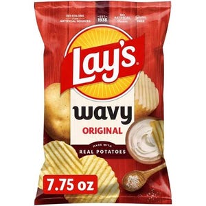 May include: A 7.75 oz bag of Lay's Wavy Original potato chips. The red packaging features the Lay's logo, images of wavy potato chips, a whole potato, and a small wooden spoon with salt next to a bowl of dip. Text includes No Colors From Artificial Sources, Est. 1938, No Artificial Flavors, Gluten Free, and Made With Real Potatoes.