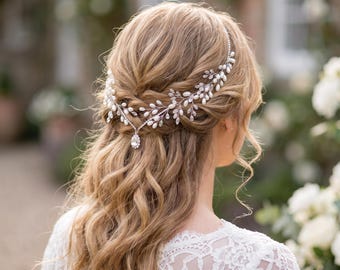 Adorno para el cabello de novia con perlas y diamantes de imitación, tocado de boda de cristal, joyería de fondo plateada