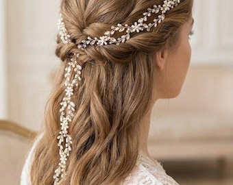 Pearl Bridal Hair Vine, Cascading Bridal Headpiece, Boho Half-Up Style, Long Head Piece