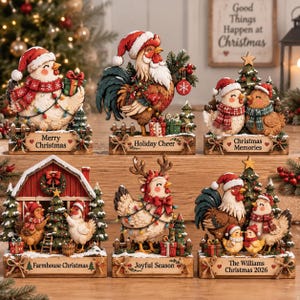 May include: A collection of six decorative tabletop figurines featuring chickens and roosters in Christmas attire. Each piece includes a wooden base with text labels such as Merry Christmas, Holiday Cheer, Christmas Memories, Farmhouse Christmas, Joyful Season, and The Williams Christmas 2026.