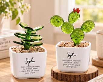 Decoración personalizada de cactus con flores de cristal, planta de cerámica en maceta con nombre personalizado, bonito adorno de escritorio, regalo de inauguración para amantes de las plantas